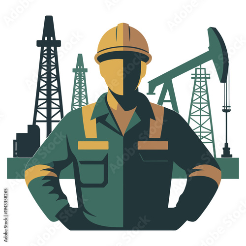 Vector of a confident oil rig worker silhouette with pumpjacks and derricks in the background 