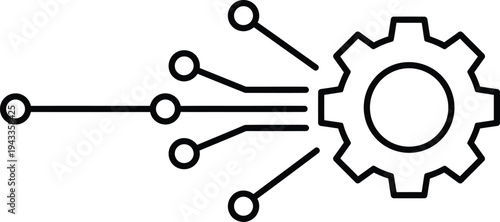 Professional black minimalist line art icon of an industrial gear cog connected to digital circuit lines for automation technology and smart manufacturing AI circuit silhouette AI Generative
