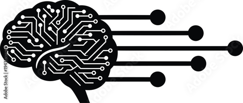 Professional black AI circuit silhouette of a human brain with digital neural network patterns and connecting nodes for machine learning technology concepts AI Generative
