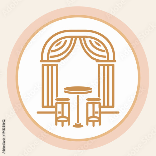 Minimalist venue icon table stools and archway within a circle