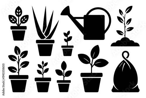 Black silhouettes of plants and gardening tools on white background