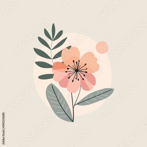 Stylized floral illustration featuring a delicate flower and leaves with soft colors