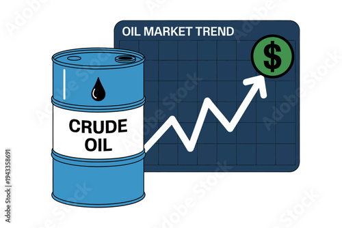 Crude oil barrel with rising market trend graph and dollar sign on white background