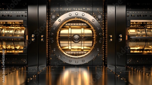 Intricate Gold Vault Interior with Heavy Security Door and Reflective Flooring, Representing Ultimate Financial Security and Wealth Storage