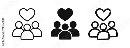 Community Love and Support Icons. Group of People with Heart Symbol Vector Set