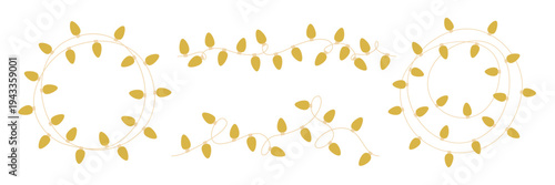 String holiday decorative with christmas gold bulb and garland light festive. Xmas background border with isolated flat white and strand decoration party. Color whimsical string with pattern.