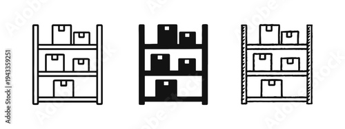 Warehouse Storage Shelving Unit Icons Set, Logistics and Inventory Boxes Symbols, Retail Stock Outline and Hand-Drawn Icon Collection
