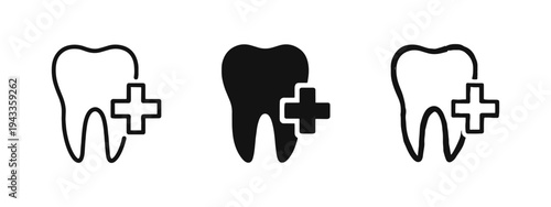 Dental Health and Care Icon Set: Tooth with Medical Cross Symbol for Dentistry.
