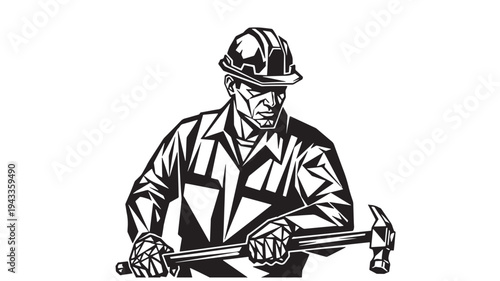 Middle Aged Male Construction Worker Wearing Hard Hat Holding Hammer For Industry Concepts on transparent background