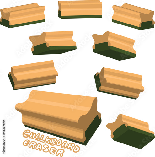 A chalkboard eraser displayed in different angles and isolated on a white background. 