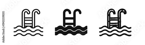 Swimming pool ladder icon set in three styles: outline, filled, and hand-drawn doodle, symbolizing summer leisure and aquatic activities.