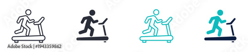 Treadmill running icon set, person running on treadmill fitness workout exercise symbol, outline and solid and color style. Vector illustration.