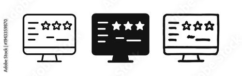 Online customer review and 3-star rating icon set on a computer monitor, showing feedback and satisfaction levels.