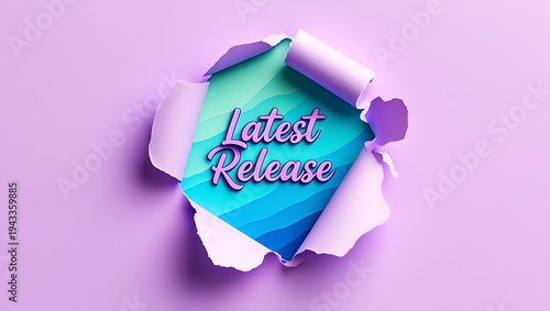 A colorful illustration of a torn paper revealing a blue and purple latest release sign on a purple background