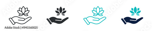 Lotus flower hand icon set, meditation spirituality yoga zen symbol, outline and solid and color style. Vector illustration.