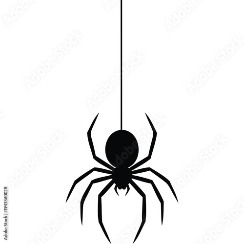 Hanging Spider Silhouette: Minimalist Black Spider on Thread, Isolated White Background for Halloween