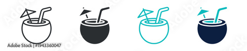Tropical coconut drink icon set, summer cocktail coconut beverage with straw and umbrella symbol, outline and solid and color style. Vector illustration.