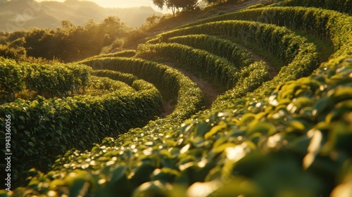 Lush coffee plantation on rolling hills bathed in warm golden sunlight, showcasing sustainable agriculture and organic growth.