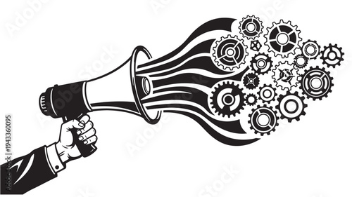 Businessman Hand Holding Megaphone With Gears Emerging For Business Communication Concepts on transparent background