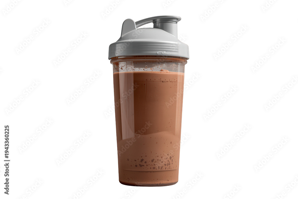 Obraz premium Shaker bottle containing chocolate protein shake or workout drink, supporting fitness and healthy lifestyle on transparent background