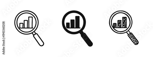 Data analysis icon set with a magnifying glass over a bar chart, symbolizing market research and financial investigation.