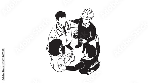 Four People Discussing Science Experiment In Laboratory For Education Concepts on transparent background