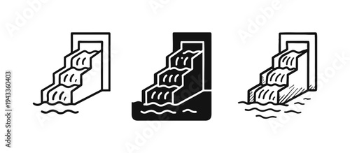 Waterfall Water Flow Icon Set: Line, Glyph, and Hand-Drawn Styles