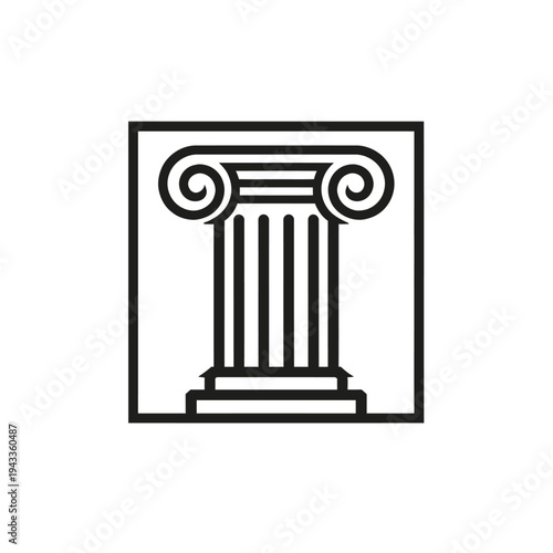Minimalist black line art Ionic column icon, elegantly framed. Highlights its classic volute capital and fluted shaft. Symbolizing justice, law, education, strength, stability, wisdom, tradition, and
