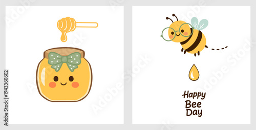 Happy bee day illustration with cute bee and honey jar vector set