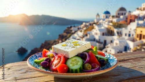 Greek Salad with Feta Cheese and Santorini Village View