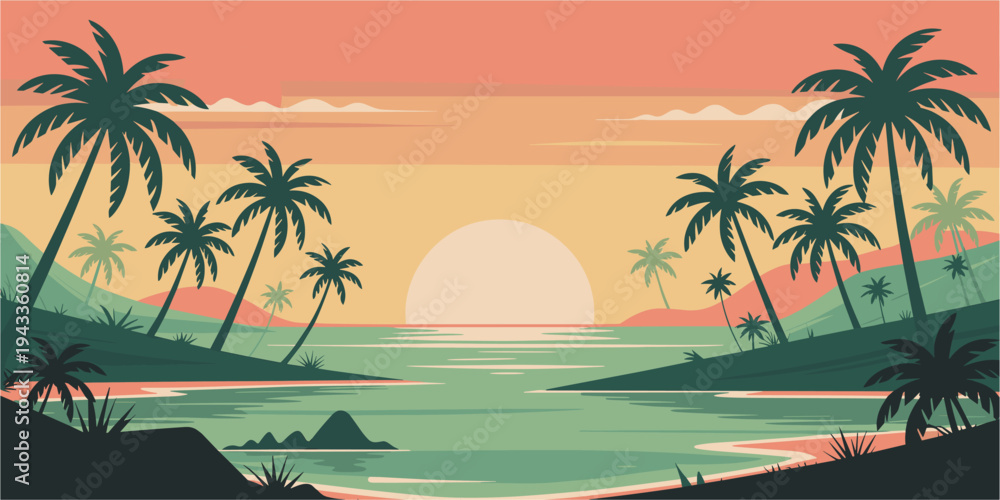 Fototapeta premium Panoramic vector illustration of a tropical coastline at sunrise, featuring layered palm trees, calm ocean, and bright sky gradients in a flat, mid-century modern style.