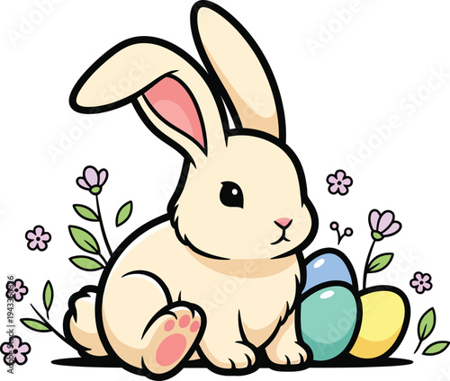 Easter day vector illustration of a bunny with eggs isolated on transparent background