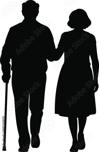 Black silhouette of an elderly couple walking together with a cane, representing senior love, lifelong companionship, retirement lifestyle, and mutual support in aging.