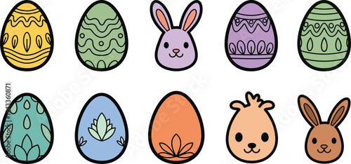 Easter day vector illustration of colorful eggs and bunny isolated on transparent background