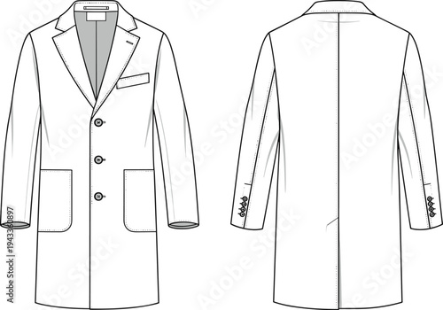 Men's classic overcoat technical flat sketch, formal long coat vector illustration, front back view apparel design, professional fashion CAD template.