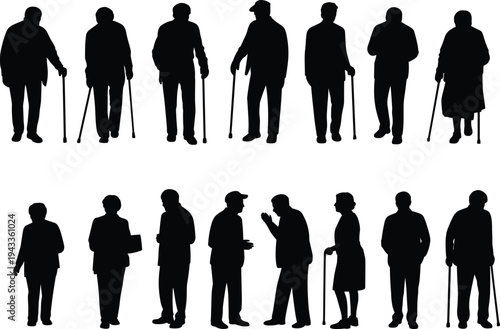 Silhouettes of elderly people walking with canes and crutches while talking and interacting, representing senior healthcare, retirement lifestyle, disability support