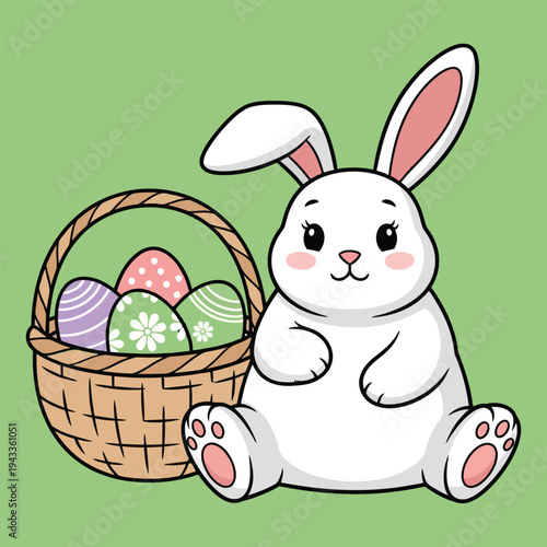 Easter day vector illustration of a white bunny with colorful eggs in a basket isolated on transparent background