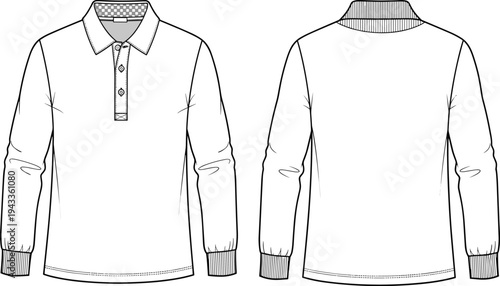 Men's long sleeve polo shirt technical flat sketch, front back view vector illustration, apparel design template, fashion CAD drawing illustration.