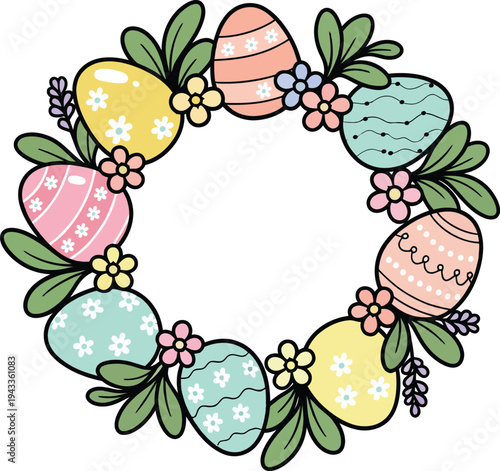 Easter day vector wreath isolated on transparent background with colorful eggs and flowers