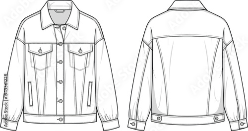 Men's oversized denim jacket technical flat sketch, trucker jacket vector illustration, front back view apparel design template, fashion CAD drawing.