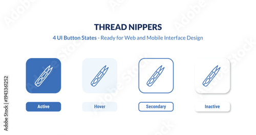 thread nippers 4-state UI button. Outline icon kit from sew collection. Thin linear thread nippers, button, bobbin editable vector. Minimal thread nippers sign for web and mobile interface
