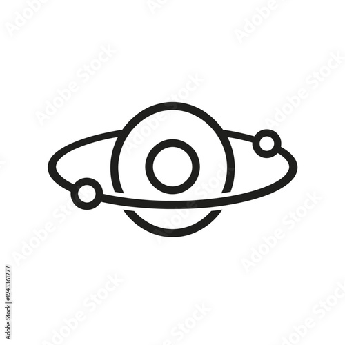 Line icon showing a planet or atom with an orbit and two smaller bodies, representing space, science, connectivity, global systems, astronomy, modern technology, physics, and interconnected networks.
