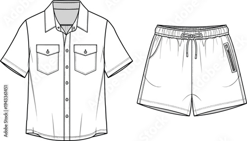 Men's short sleeve shirt and shorts set technical flat sketch, utility apparel vector illustration, summer outfit design template, fashion CAD.