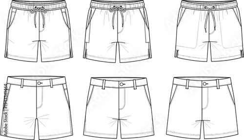 Men's shorts collection technical flat sketch, drawstring swim trunks and tailored chino shorts vector illustration, apparel design template, fashion CAD.