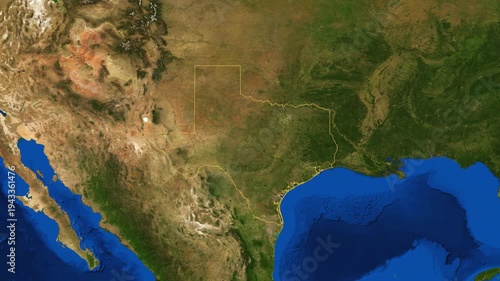 Texas high resolution 4k satellite earth map zoom cinematic animation 3d drop shadow highlighting American state borders for US travel tourism geography and geopolitical national news broadcast