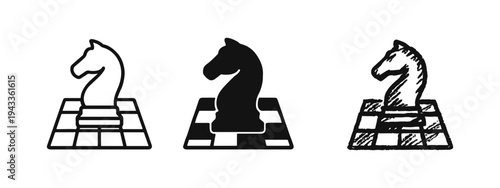 Chess Strategy Icons - Knight Piece on Chessboard Square Representing Intellectual Game and Tactical Planning