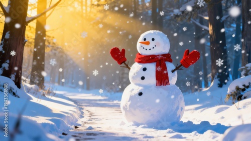 Whimsical Winter Snowman Collection: Cheerful Snowmen (In Red Hats, Plaid Scarves & Top Hats) in Varied Snowy Settings (Snowy Forest, Sunlit Path, Pine Tree Backdrop, Open Winter Field) for Christmas,