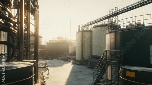 Vast industrial complex with large storage tanks under hazy daylight, symbolizing industrial operations and potential environmental concerns.