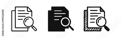 Document search and analysis icon set. File exploration with magnifying glass symbols in outline, solid, and hand-drawn styles.