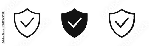 Security shield with checkmark icon set. Protection, verified safety, and guaranteed trust symbols in outline, solid, and hand-drawn styles.